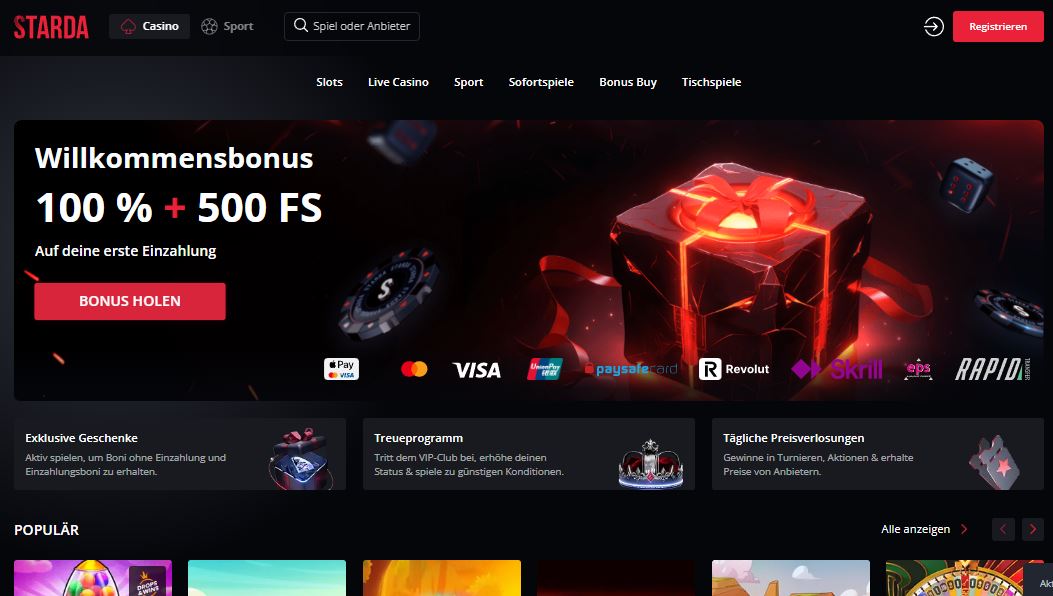 Claim Starda Casino Willkommensbonus 100% plus 500 Freispiele